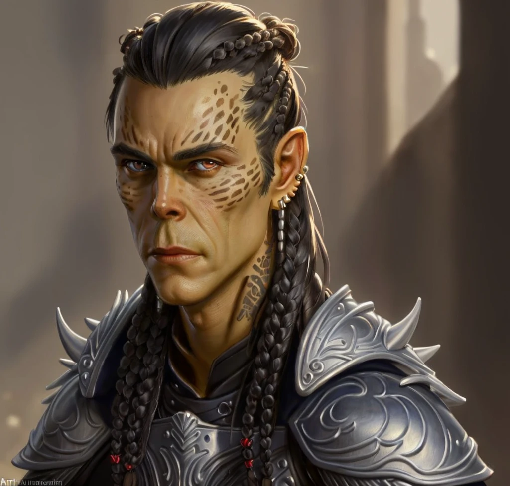 githyanki, solo, handsome, looking at viewer, male, black leather armor, black hair, small braids, bun, spiky earrings, male focus, portrait, hyperrealistic, intricately detailed, ((masterpiece, best quality)), art by greg rutkowski, artwork trending on artstation