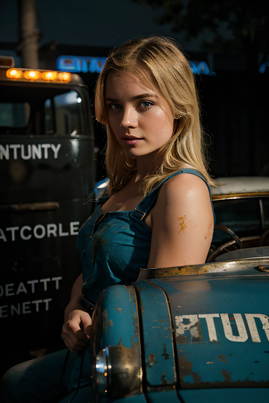 An atmospheric photoshoot capturing a blonde girl's intense blue-eyed gaze against the backdrop of a dimly lit industrial parking lot, standing beside a vintage car with worn paint, the mood evoking a blend of mystery and nostalgia, the girl is wearing a jump suit, has big breasts, Photography, Fujifilm X-T4 with a 50mm lens, f/1.4
