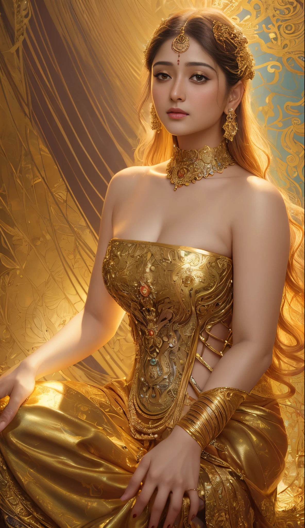 Face mix of Anushka Shetty and Nayanthara, a masterpiece ultrarealistic ultradetailed portrait of a beautiful girl in incredible goledn armor. baroque renaissance. in forest. medium shot, intricate, elegant, highly detailed. trending on artstation, digital art, by stanley artgerm lau, wlop, rossdraws, james jean, andrei riabovitchev, marc simonetti, yoshitaka amano. background by james jean and gustav klimt, light by julie bell, 4 k, porcelain skin.