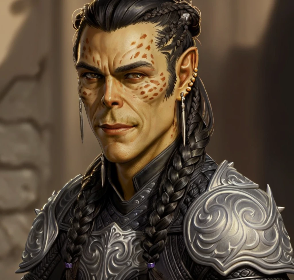 githyanki, solo, handsome, looking at viewer, male, smirking, black leather armor, black hair, small braids, bun, spiky earrings, male focus, portrait, hyperrealistic, intricately detailed, ((masterpiece, best quality)), art by greg rutkowski, artwork trending on artstation