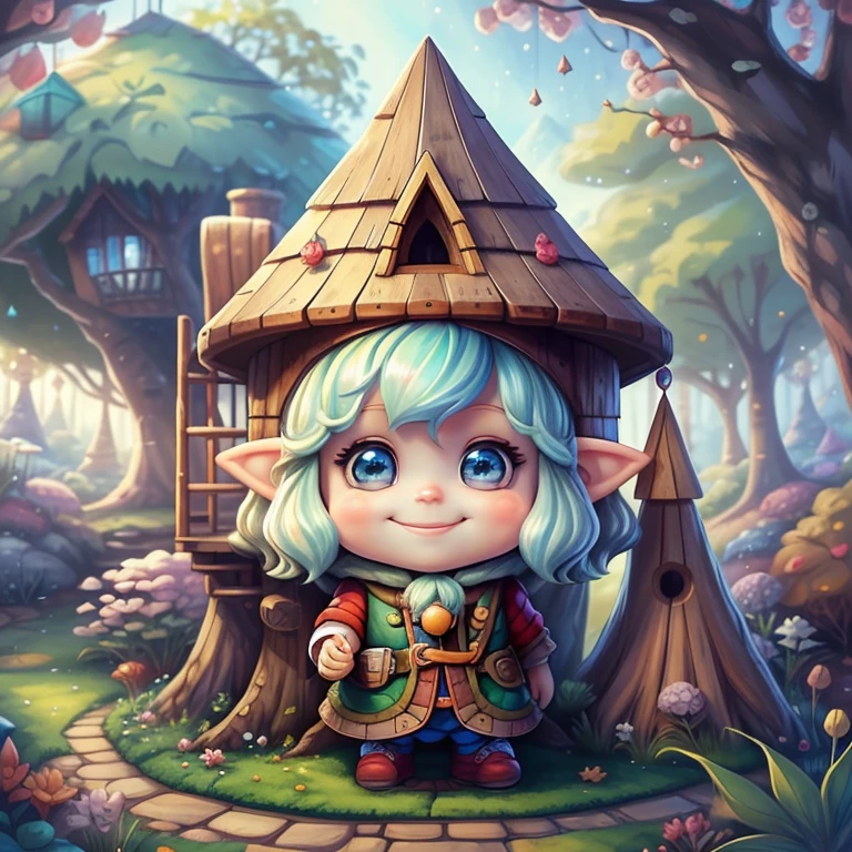 (cute baby girl gnome smiling with a tree house in a beautiful garden) Munchkin ,Geometric multidimensional wall portrait, livro de arte, Tchibi,
Yang08k, Beautiful, Colouring,
Obras, of the highest quality, best quality, Arte Oficial, Beautiful and Aesthetic,