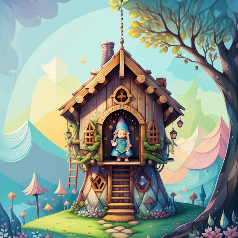 (cute baby girl gnome smiling with a tree house in a beautiful garden) Munchkin ,Geometric multidimensional wall portrait, livro de arte, Tchibi,
Yang08k, Beautiful, Colouring,
Obras, of the highest quality, best quality, Arte Oficial, Beautiful and Aesthetic,