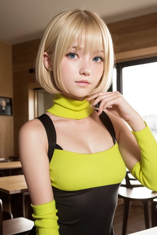 a very cute blonde girl wearing lime green chest-hole-cut-out turtleneck, sitting in cafe posing for picture, bob-cut hair, raw photo