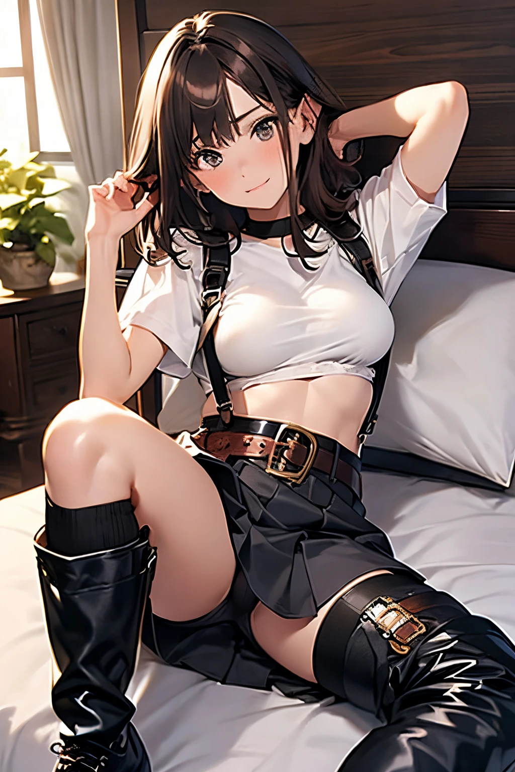 Brown hair、watching at viewers　　　black suspenders　　　Bulging big breasts　　 　 　　　walls: 　Black miniskirt　garters　　　　　　Gaze　　　Small face　bangss 　　　holster　　Belt Armament　Beautuful Women　srestrained　hands up　Lying in bed　Leg holster lying on the bed　　Gaze 　black boots panty shot
