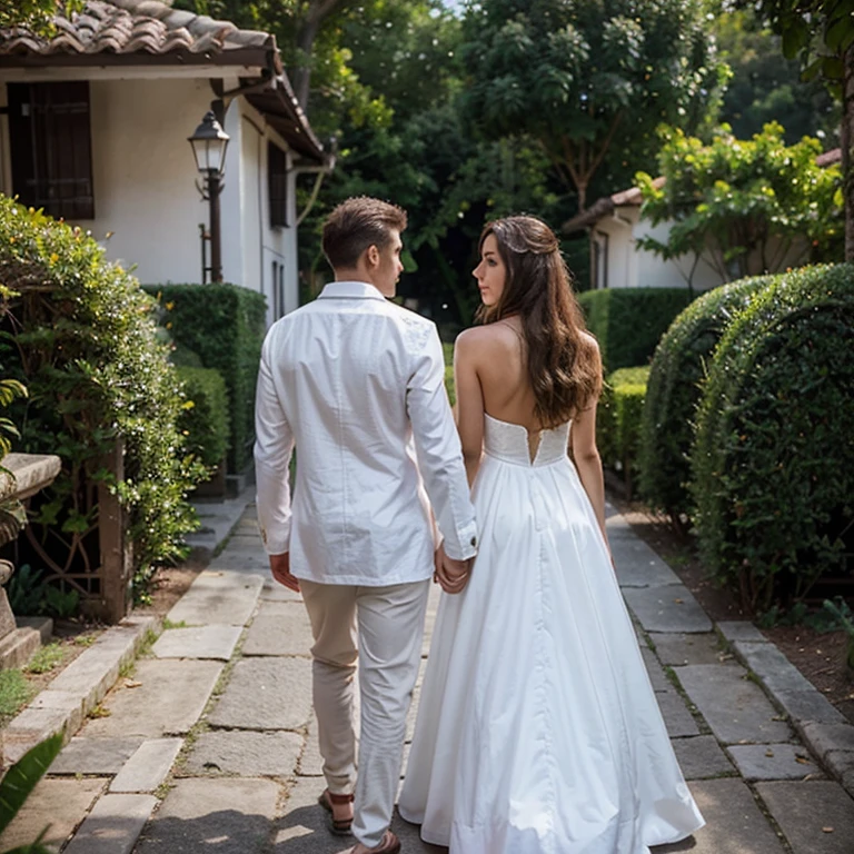 Make a realistic picture, the environment is a garden couple with their backs to the viewer, the woman is Brazilian, cabelos castanhos preso, usando vestindo de noiva longo, bem flutuante, The man is white, 30 anos, cabelos castanhos, usa terno, the couple walks hand in hand with their backs to the viewer, detalhes do jardim, detalhes no vestido da noiva