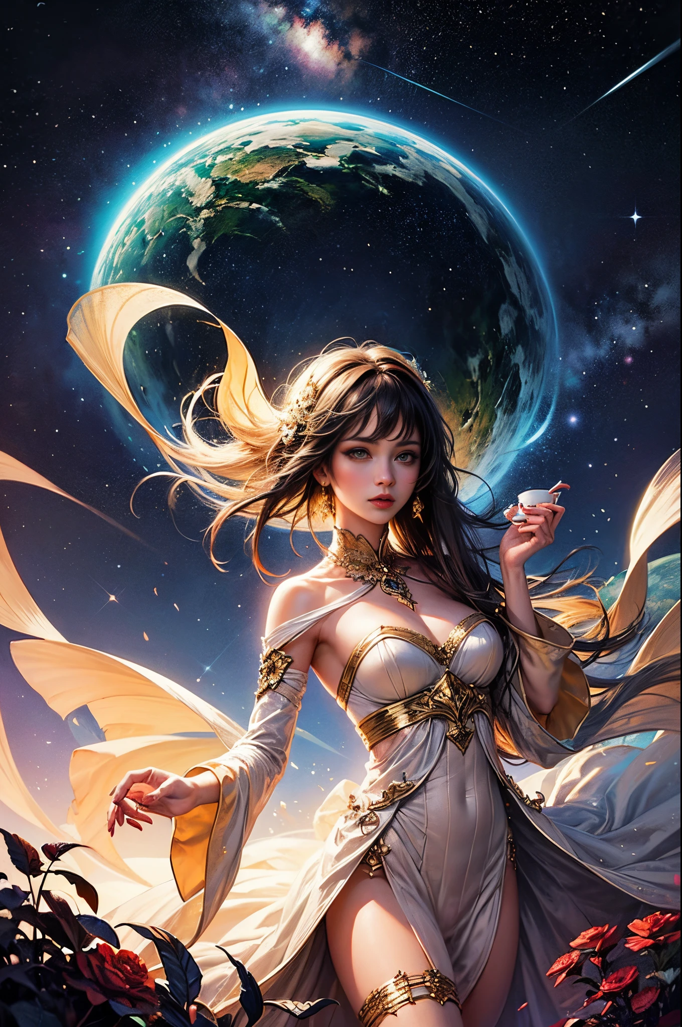 "((Epic)) painting of a ((girl)) in a celestial space garden, sipping tea as a cosmic train weaves through constellations, vibrant galaxy backdrop, surreal atmosphere, ((fantasy)) elements, ((dreamlike))