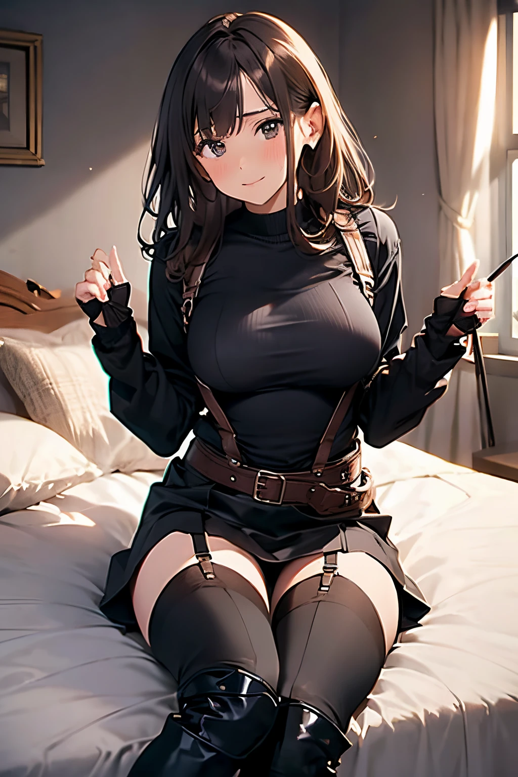 Brown hair、watching at viewers　　　black suspenders　　　Bulging big breasts　　 　 　　　walls: 　Black miniskirt　garters　　　　　　Gaze　　　Small face　bangss 　　　holster　　Belt Armament　Beautuful Women　srestrained　hands up　Lying in bed　Leg holster lying on the bed　　Gaze 　black boots panty shot