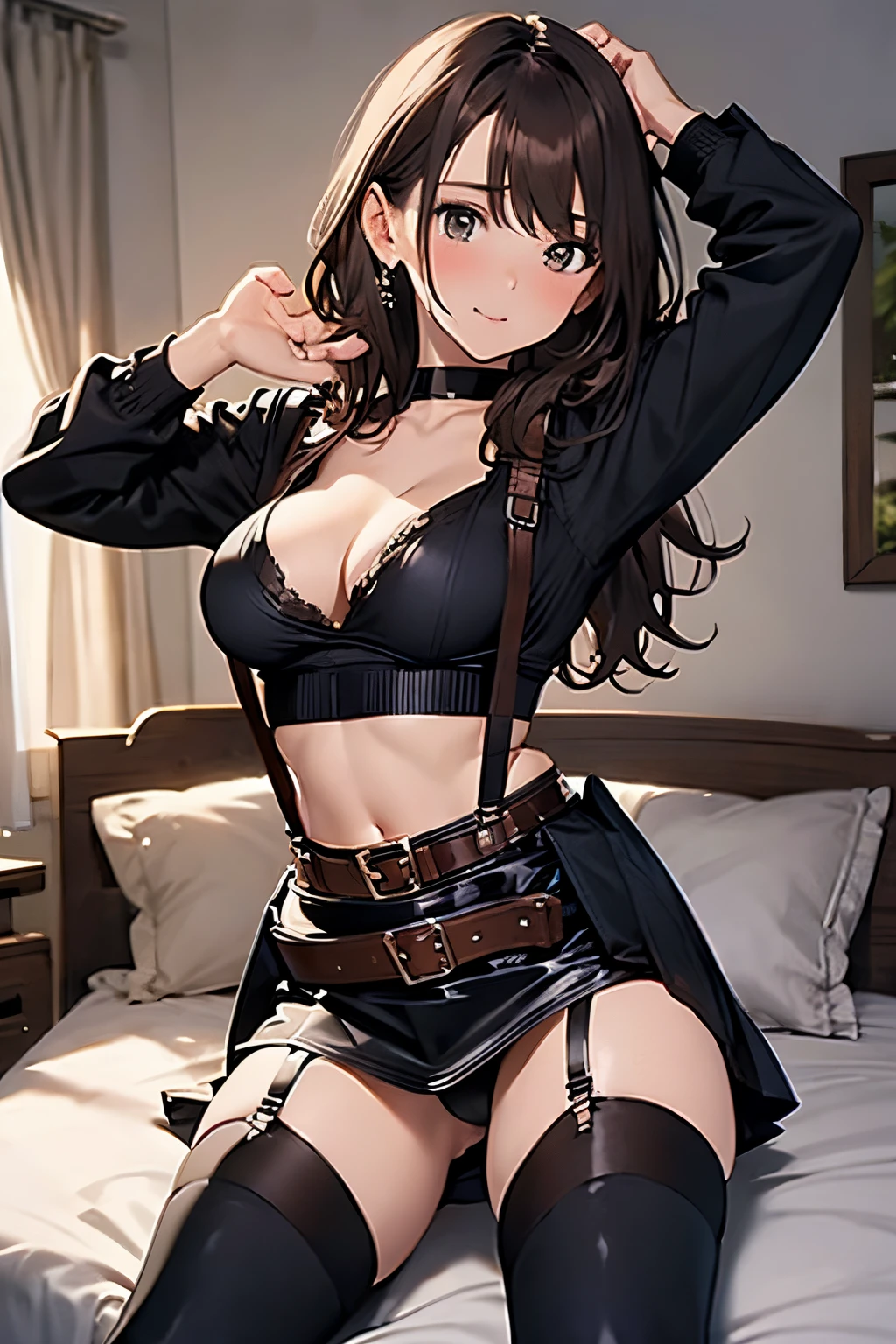 Brown hair、watching at viewers black suspenders Bulging big breasts walls: Black miniskirt garters Gaze Small face bangss holster Belt Armament Beautuful Women srestrained hands up Lying in bed Leg holster lying on the bed Gaze black boots panty shot