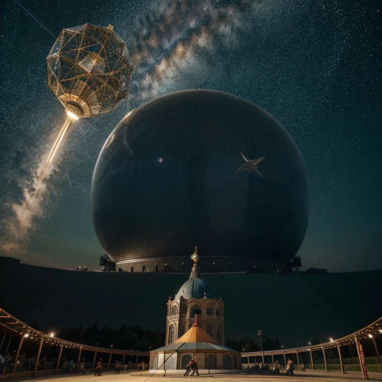 A big circus geo dome. Next to the dome is a one grizzly bear being ridden by a winged goddess wearing high heels. They are running through a compass. Surrounded by the stars