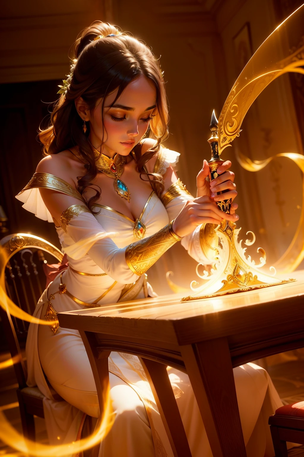 A beautifully detailed image of an enchanted sword lying on a table, glowing with magical energy. The blade, gleaming with a soft, warm light, curves and twists as it stretches from hand to hand, creating a mesmerizing, ethereal trail of swirling flames. The surrounding room bathed in a warm, golden light, casting a warm glow on the . macro lens, golden hour, soft lighting