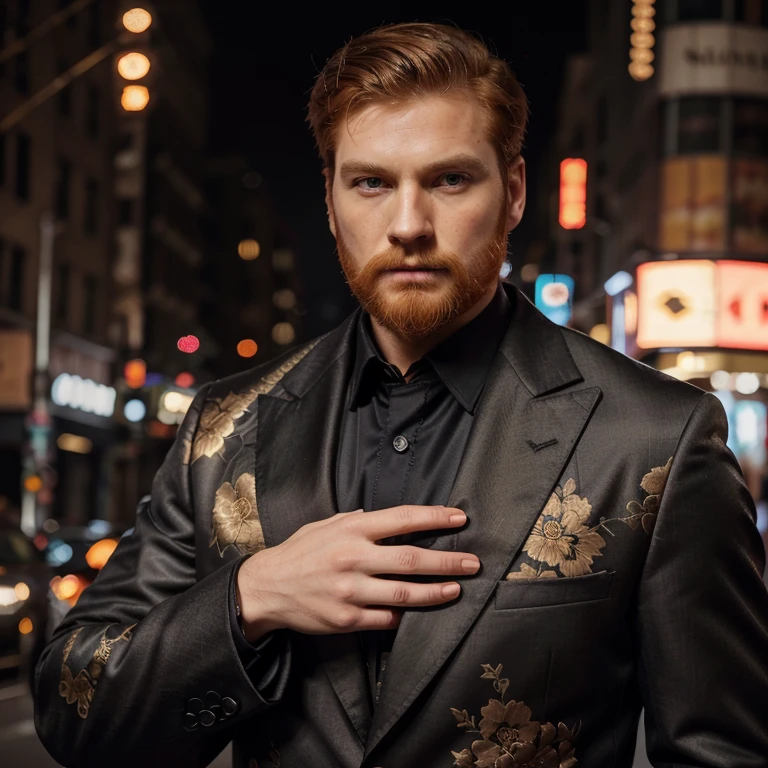 1man,solo,((detailed face and hair)), ((detailed clothes)),neat groomed short ginger beard, very short ginger undercut hair,handsome,wear black suit that has colorful floral pattern, wears longcoat over suit that has a gold trim and floral patterns,serious face,left hand holds magic energy, new york winter night background, muscular body, fierce face
