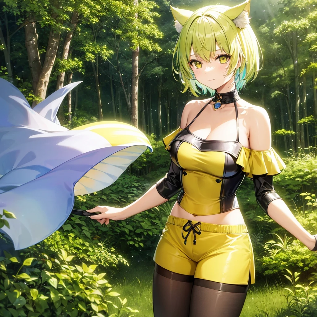 (1 anime semi-human girl) with cat ears and cat tail, short hair color: yellow, eyes: bright blue, medium breasts, with light armor, green with yellow stripes, white shorts. {looking at the viewer with a slight smile, in the forest}
