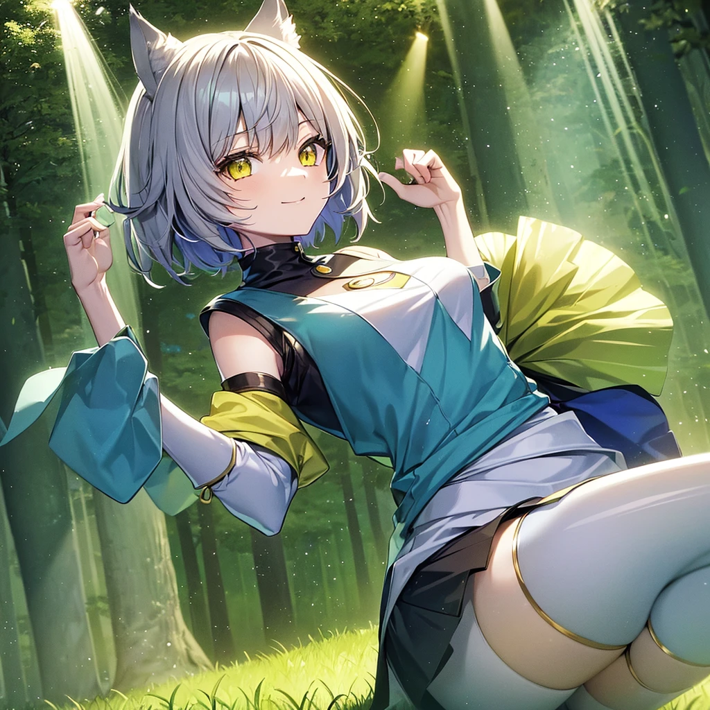 (1 anime semi-human girl) with cat ears and cat tail, short hair color: yellow, eyes: bright blue, medium breasts, with light armor, green with yellow stripes, white shorts. {looking at the viewer with a slight smile, in the forest}