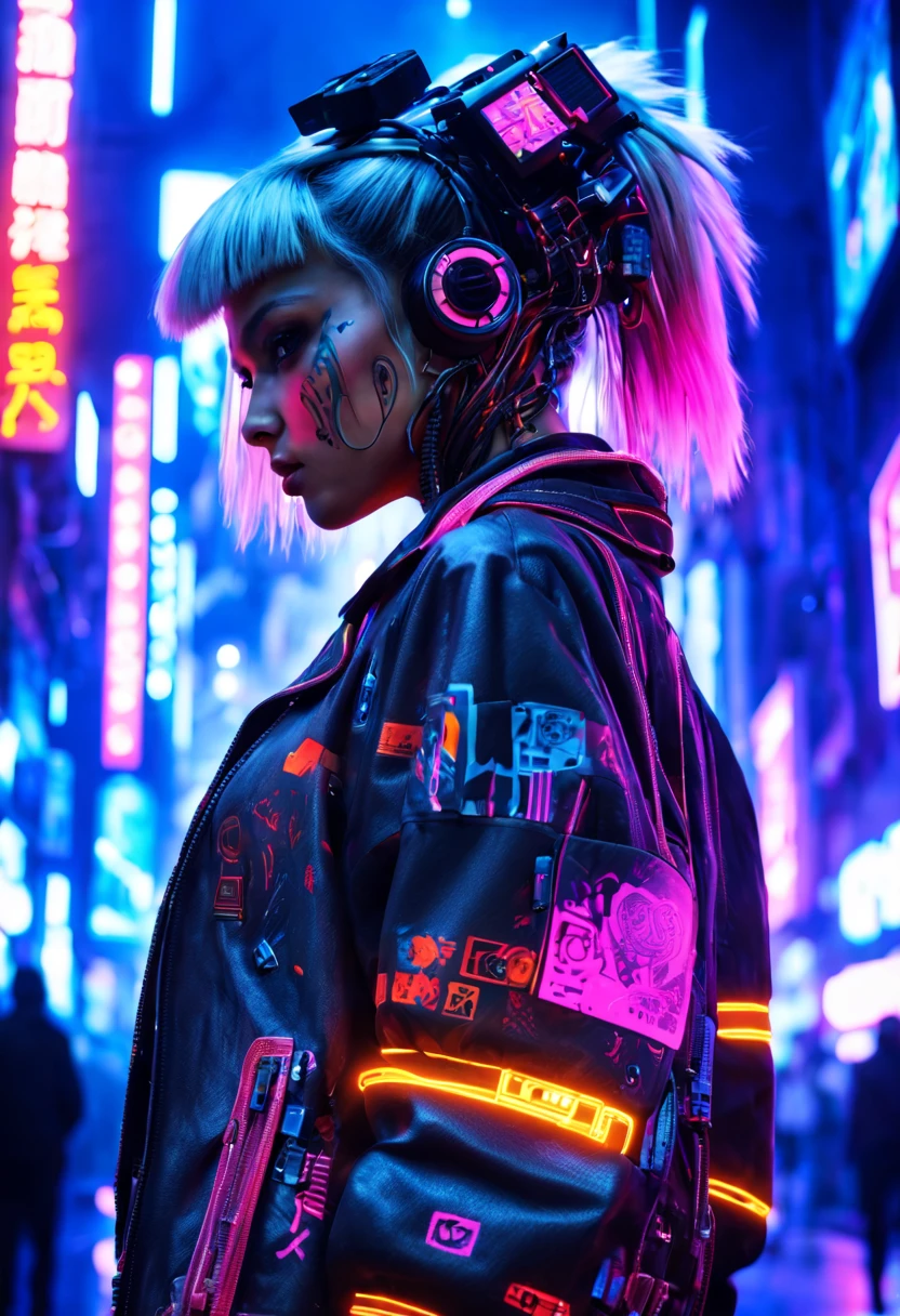 ((extremely delicate and beautiful cybernetic girl)), ((mechanical limb, blood vessels connected to tube, mechanical vertebrae)), ((mechanical cervical attaching to neck)), (wires and cables attaching to neck:1.2), ((mass of wires and cables on head)), ((wearing colorful Harajuku tech jacket with logos)), (character focuacing camera pose)), ((cowboy shot)), (masterpiece), (((best quality))), ((ultra-detailed)), (highly detailed photorealistic CG illustration), cinematic lighting, science fiction, extremely detailed,colorful,highest detail, (((cyberpunk city background, (Blade Runner), Harajuku district)))