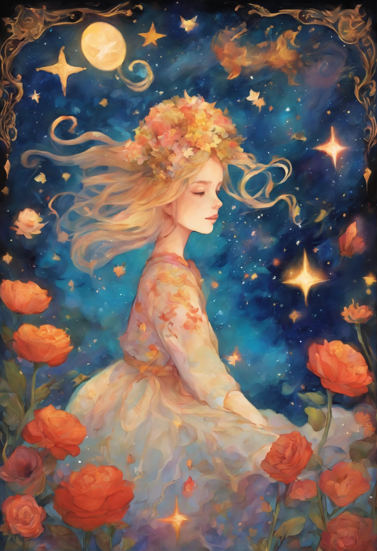 "((Epic)) painting of a ((girl)) in a celestial space garden, sipping tea as a cosmic train weaves through constellations, vibrant galaxy backdrop, surreal atmosphere, ((fantasy)) elements, ((dreamlike))