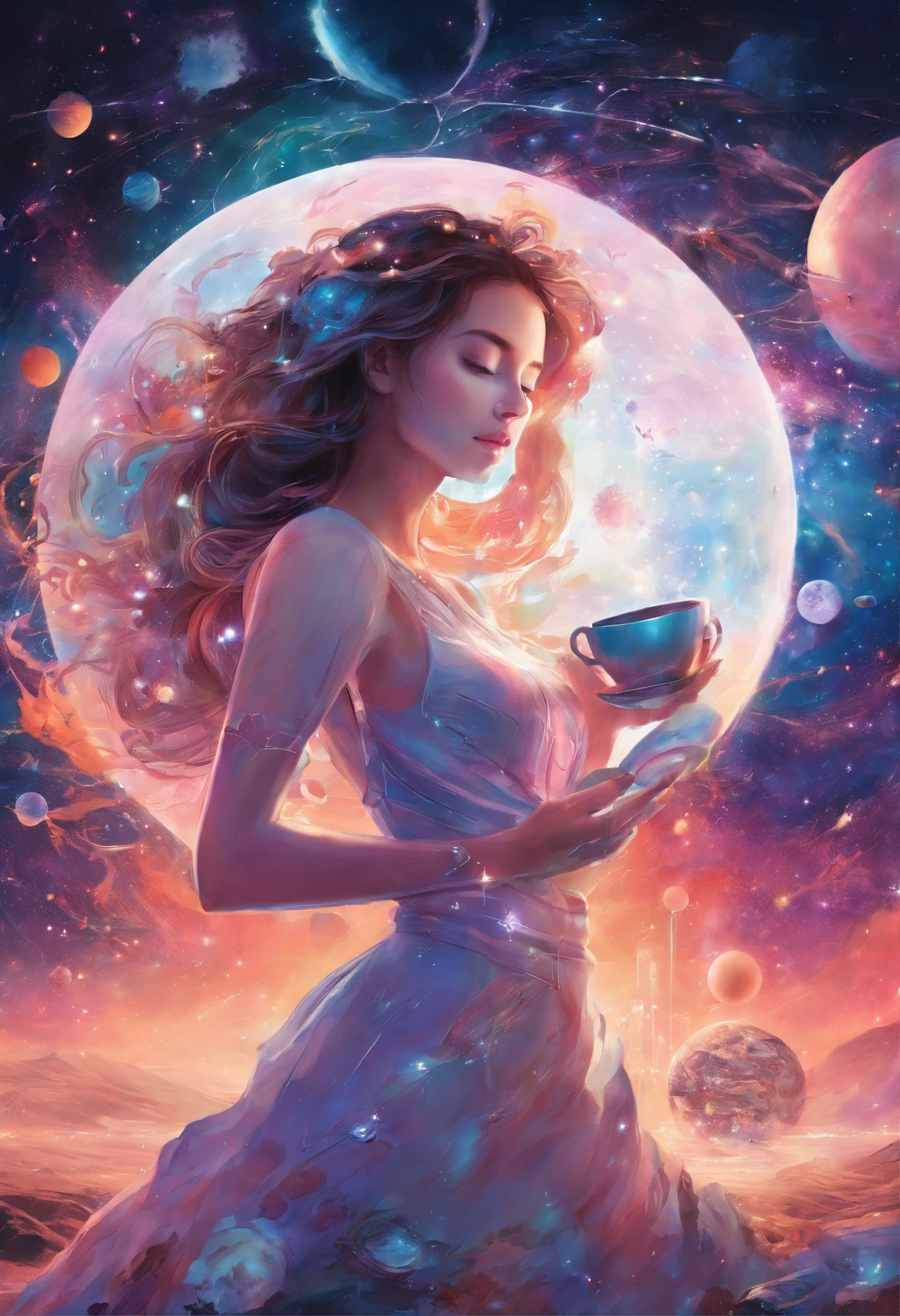 "((Epic)) painting of a ((girl)) in a celestial space garden, sipping tea as a cosmic train weaves through constellations, vibrant galaxy backdrop, surreal atmosphere, ((fantasy)) elements, ((dreamlike))