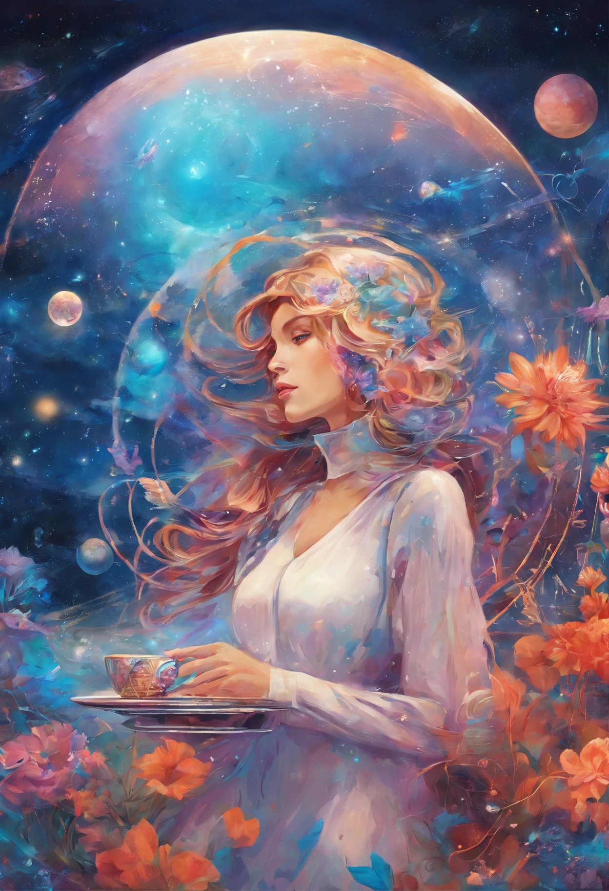 "((Epic)) painting of a ((girl)) in a celestial space garden, sipping tea as a cosmic train weaves through constellations, vibrant galaxy backdrop, surreal atmosphere, ((fantasy)) elements, ((dreamlike))