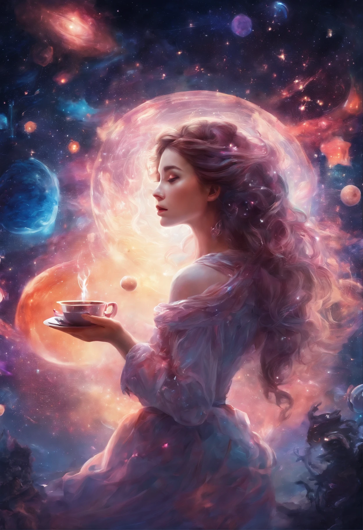 "((Epic)) painting of a ((girl)) in a celestial space garden, sipping tea as a cosmic train weaves through constellations, vibrant galaxy backdrop, surreal atmosphere, ((fantasy)) elements, ((dreamlike))