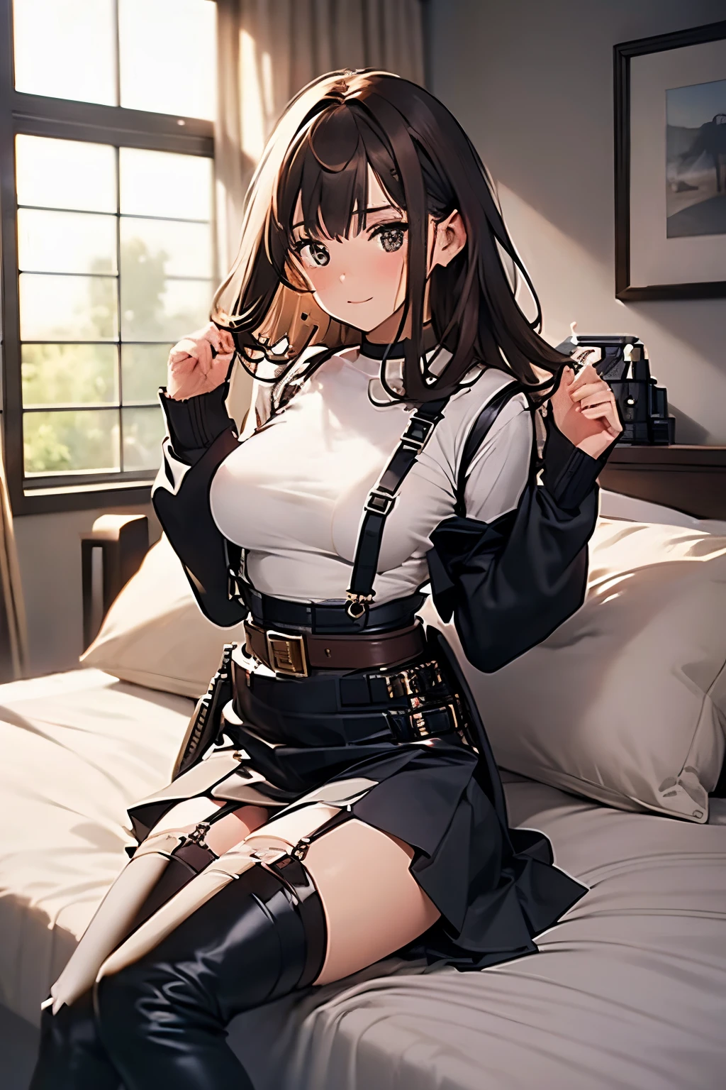 Brown hair、watching at viewers　　　black suspenders　　　Bulging big breasts　　 　 　　　walls: 　Black miniskirt　garters　　　　　　Gaze　　　Small face　bangss 　　　holster　　Belt Armament　Beautuful Women　srestrained　hands up　Lying in bed　Leg holster lying on the bed　　Gaze 　black boots panty shot