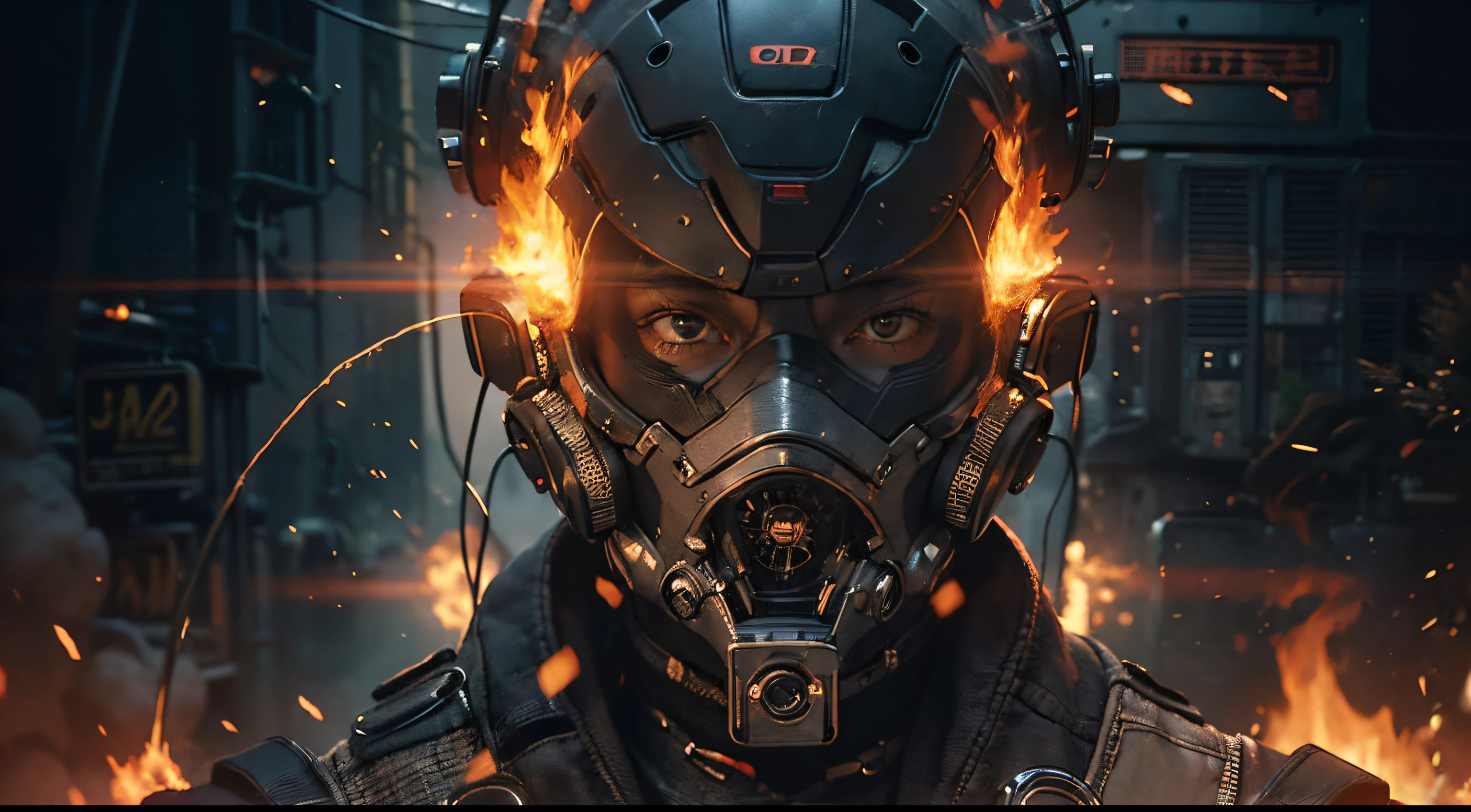 ((Realistisch, best quality, Meisterwerk: 1.3)), movieposter, cinematic view, face to viewer, human robot, cyberpunk mask, inferno, fire, sparks, smoke, upper body, dark, apokalypse, , explosions,