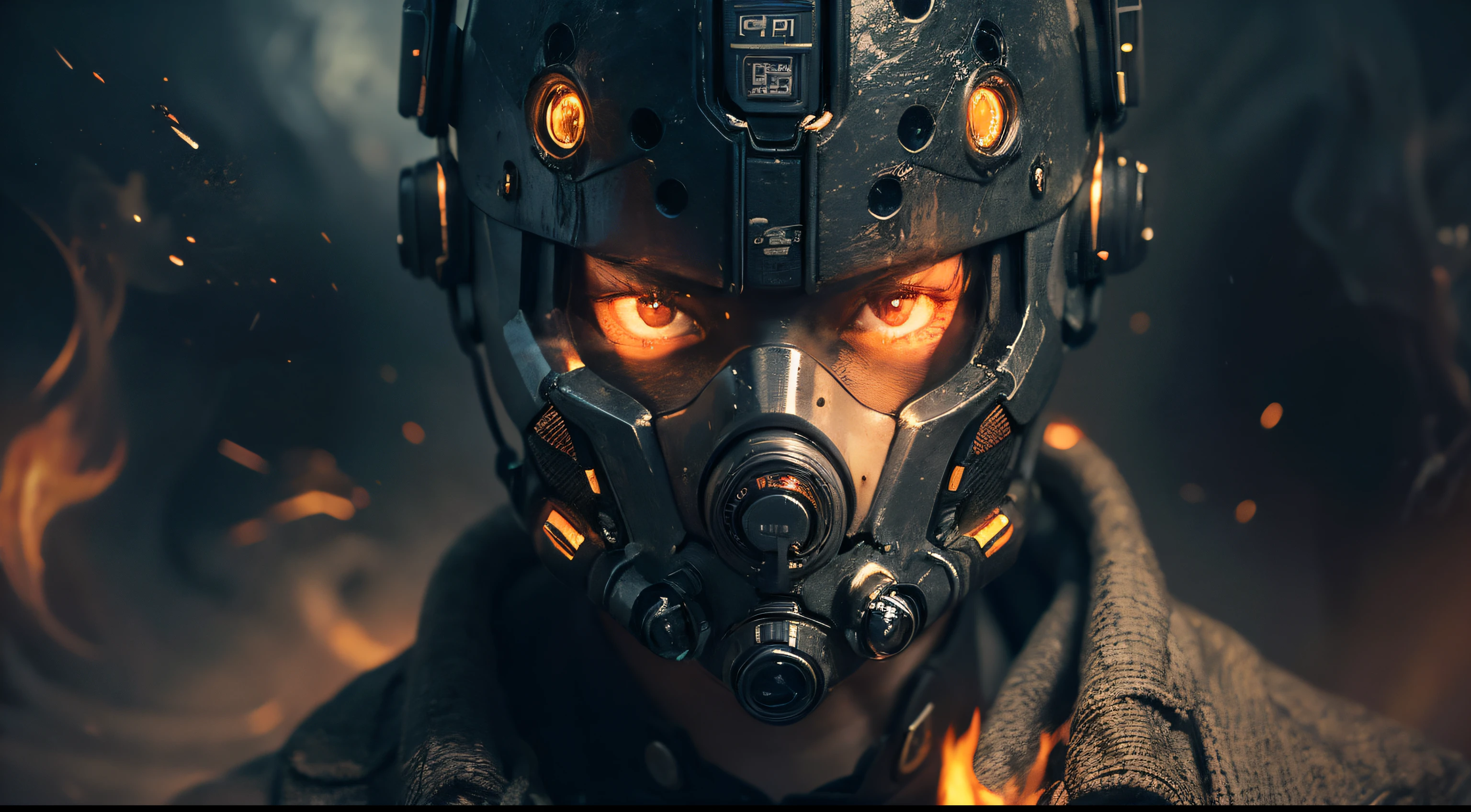 ((Realistisch, best quality, Meisterwerk: 1.3)), movieposter, cinematic view, face to viewer, human robot, cyberpunk mask, inferno, fire, sparks, smoke, upper body, dark, apokalypse, hell, explosions,