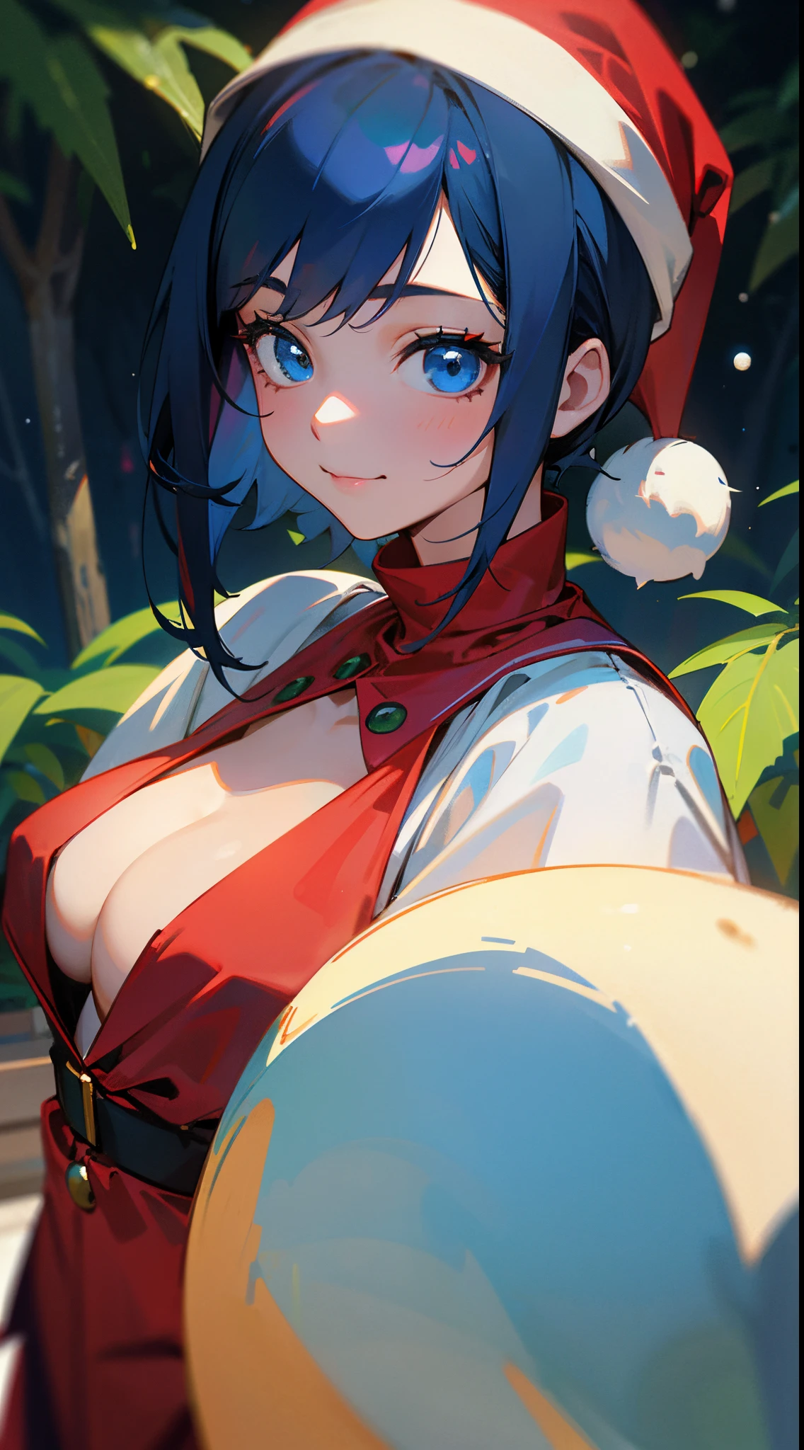18 year old girl, Santa Claus Costume、Hair short like a boy、Dark blue hair、white hairband、big round blue eyes、A slight smil、Laugh、small 、Realistic painting in every detail, Christmas Outdoors、Colors based on red and green