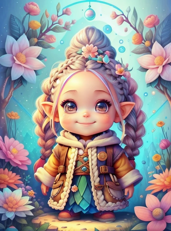 (cute  gnome with braids hair smiling with flowers) Munchkin ,Geometric multidimensional wall portrait, livro de arte, Tchibi,
Yang08k, Beautiful, Colouring,
Obras, of the highest quality, best quality, Arte Oficial, Beautiful and Aesthetic,