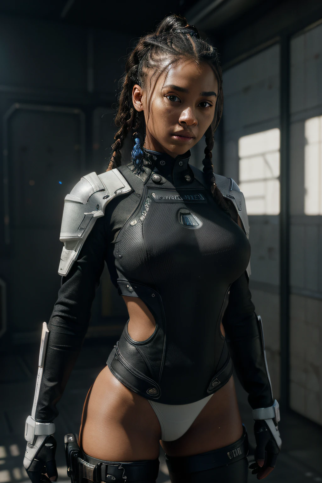 ((Best quality)), ((masterpiece)), (detailed:1.4), 3D, an image of a beautiful cyberpunk black female with braids on head,HDR (High Dynamic Range),Ray Tracing,NVIDIA RTX,Super-Resolution,Unreal 5,Subsurface scattering,PBR Texturing,Post-processing,Anisotropic Filtering,Depth-of-field,Maximum clarity and sharpness,Multi-layered textures,Albedo and Specular maps,Surface shading,Accurate simulation of light-material interaction,Perfect proportions,Octane Render,Two-tone lighting,Wide aperture,Low ISO,White balance,Rule of thirds,8K RAW, anime - style woman in a white and black outfit with a gun, cyborg merchant girl,