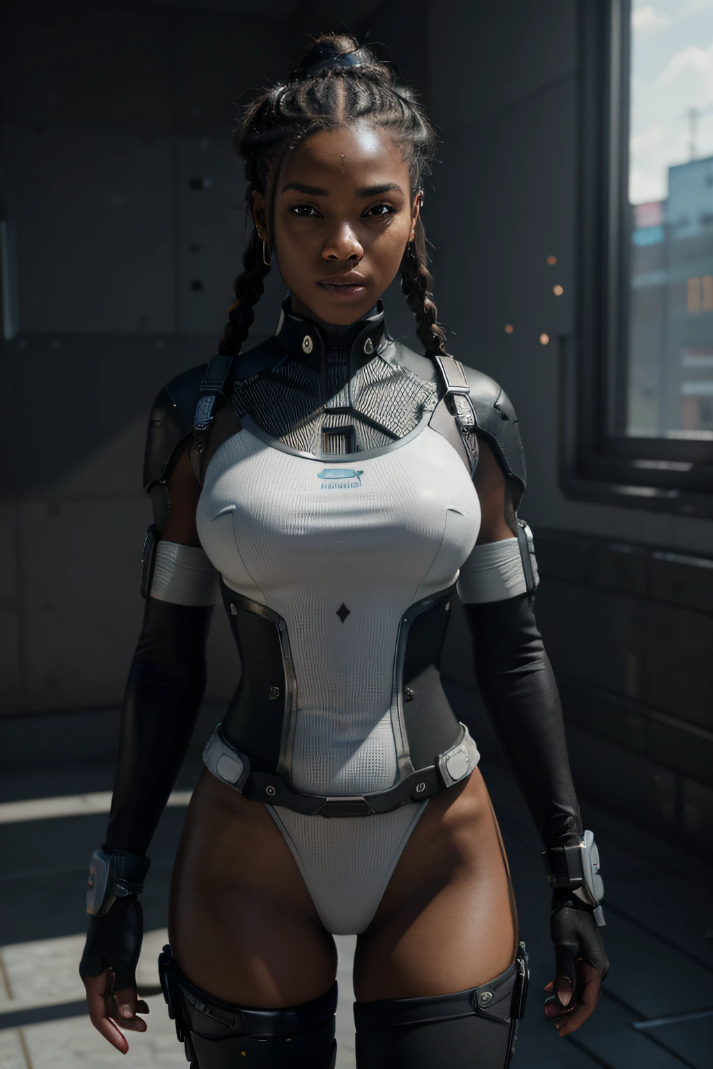 ((Best quality)), ((masterpiece)), (detailed:1.4), 3D, an image of a beautiful cyberpunk black female with braids on head,HDR (High Dynamic Range),Ray Tracing,NVIDIA RTX,Super-Resolution,Unreal 5,Subsurface scattering,PBR Texturing,Post-processing,Anisotropic Filtering,Depth-of-field,Maximum clarity and sharpness,Multi-layered textures,Albedo and Specular maps,Surface shading,Accurate simulation of light-material interaction,Perfect proportions,Octane Render,Two-tone lighting,Wide aperture,Low ISO,White balance,Rule of thirds,8K RAW, anime - style woman in a white and black outfit with a gun, cyborg merchant girl,