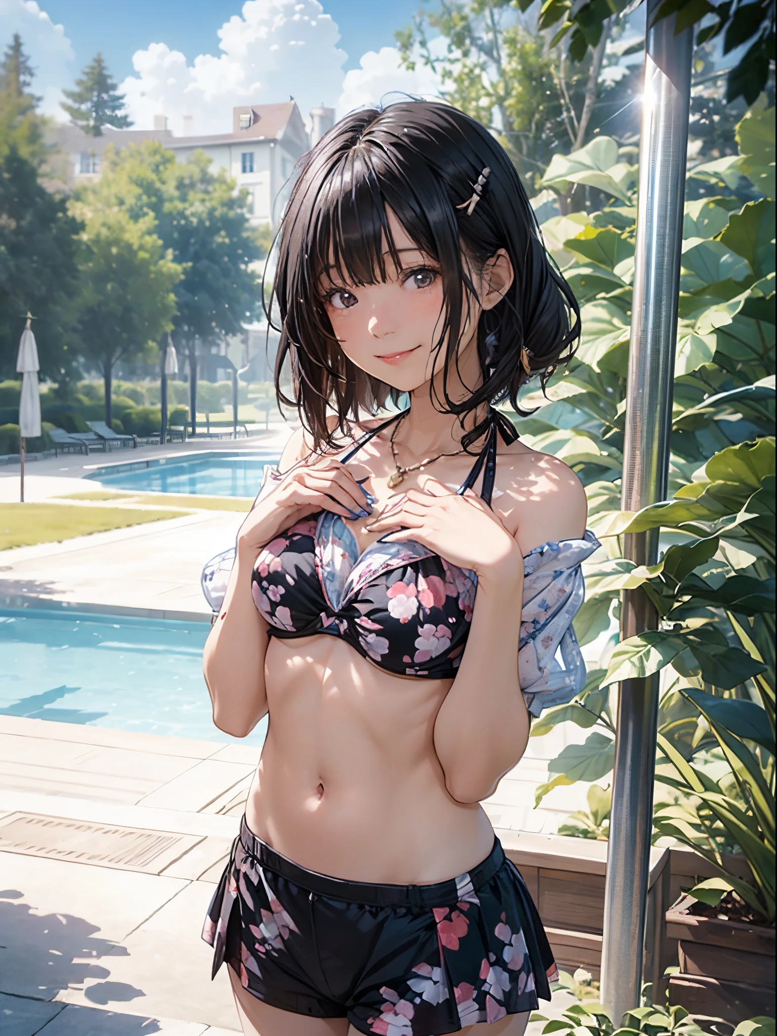masutepiece,8K,(Lifelike,hight resolution:1.3), 1 girl with a perfect body, super fine face and eyes,bright colour, (Black Floral Bikini:1.4),(Bring your chest together with your hands:1.7),(Happy smile:1.4),extremely beautiful detailed face and eyes, asymmetrical bangs, (short twin-tailed black hair:1.5),Shiny hair, Delicate beautiful face, White skin, hair clips, a necklace, Beautiful cloud, Blue summer sky、A park full of nature