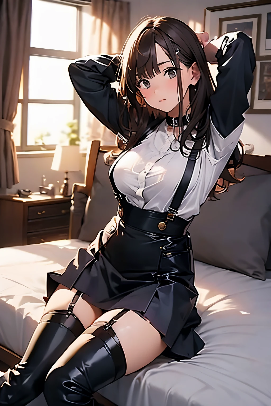 Brown hair、watching at viewers black suspenders Bulging big breasts walls: Black miniskirt garters Gaze Small face bangss holster Beautuful Women hands up Leg holster lying on the bed Gaze black boots panty shot