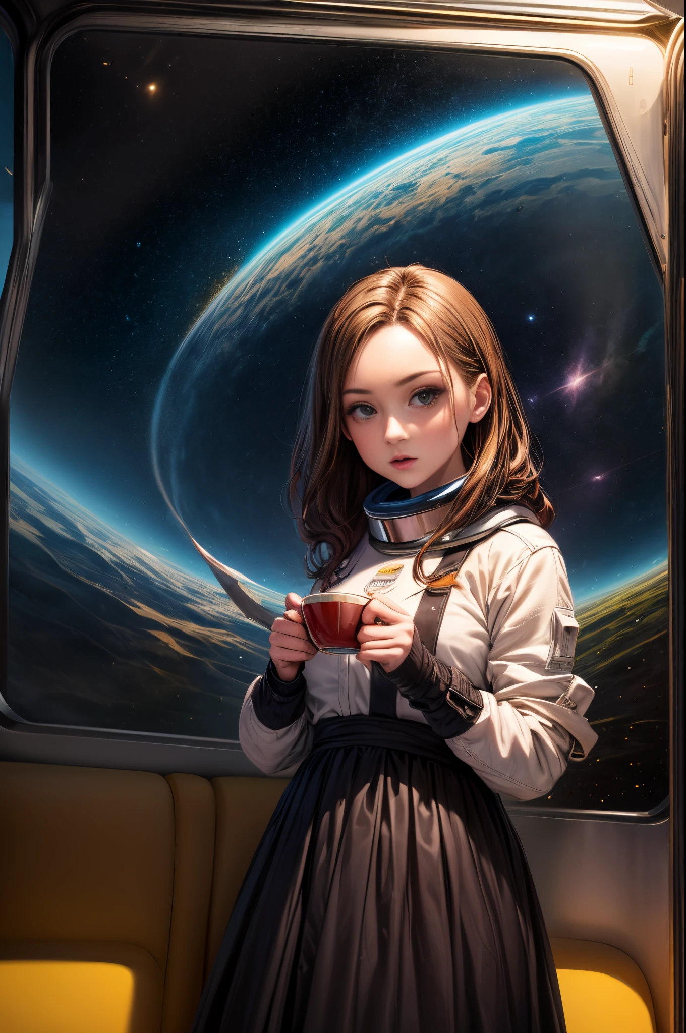 "((Interstellar)) photographic capture, dynamic shot of a determined ((girl)) enjoying tea on a futuristic train, space garden with swirling galaxies, dramatic clouds, golden hour, rule of thirds, intense colors, (ultra high res), ((captivating))