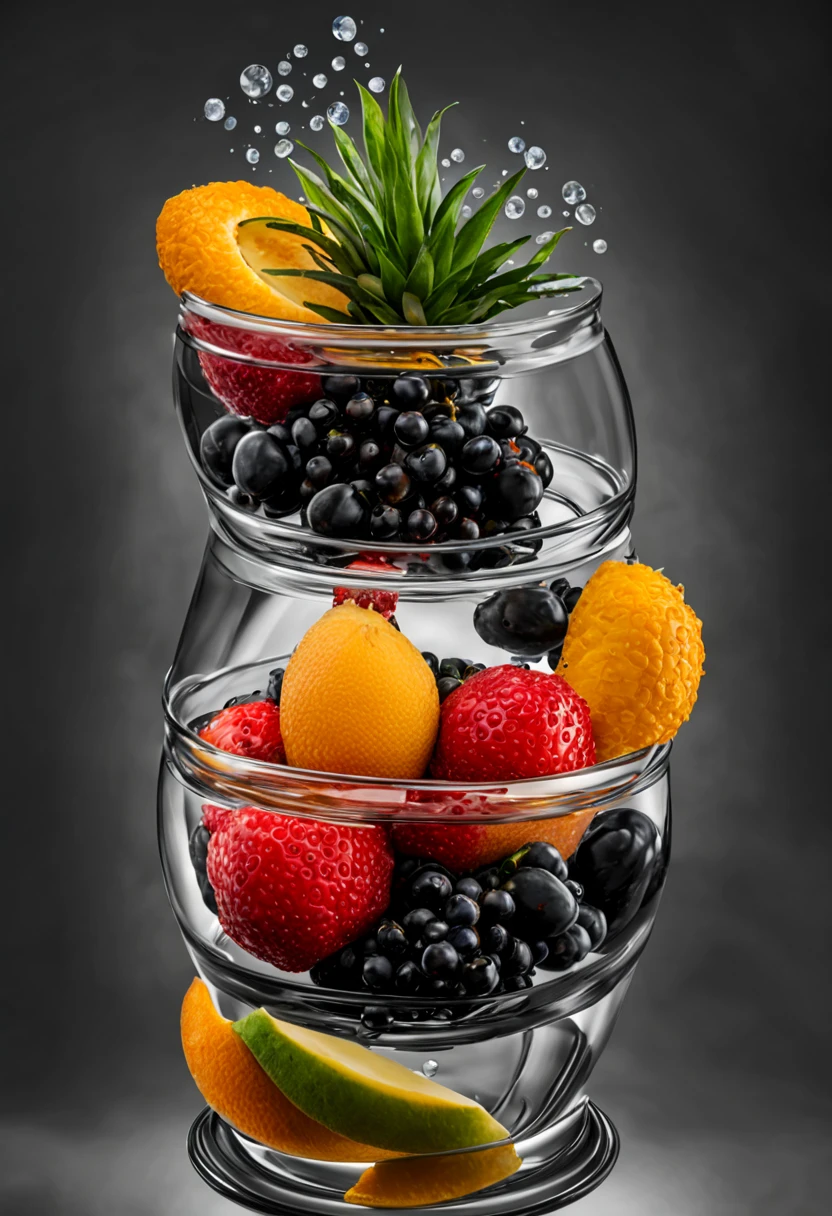 foto realista de um belo arranjo de frutas tropicais coloridas, hat shaped, floating, sem humano, com muitas luzes, brilhos e reflexos dourados, fundo preto muito escuro num copo de vidro