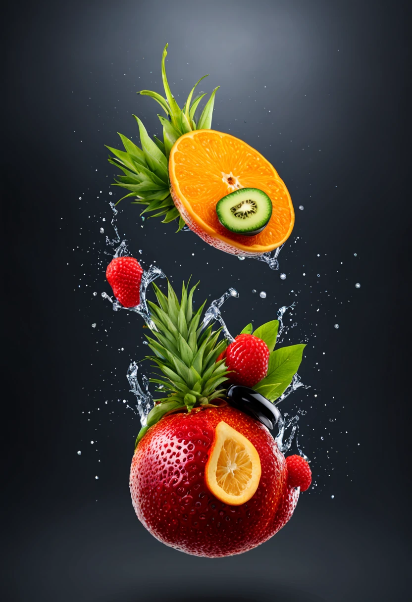 foto realista de um belo arranjo de frutas tropicais coloridas, hat shaped, floating, sem humano, com muitas luzes, brilhos e reflexos dourados, fundo preto muito escuro num copo de vidro