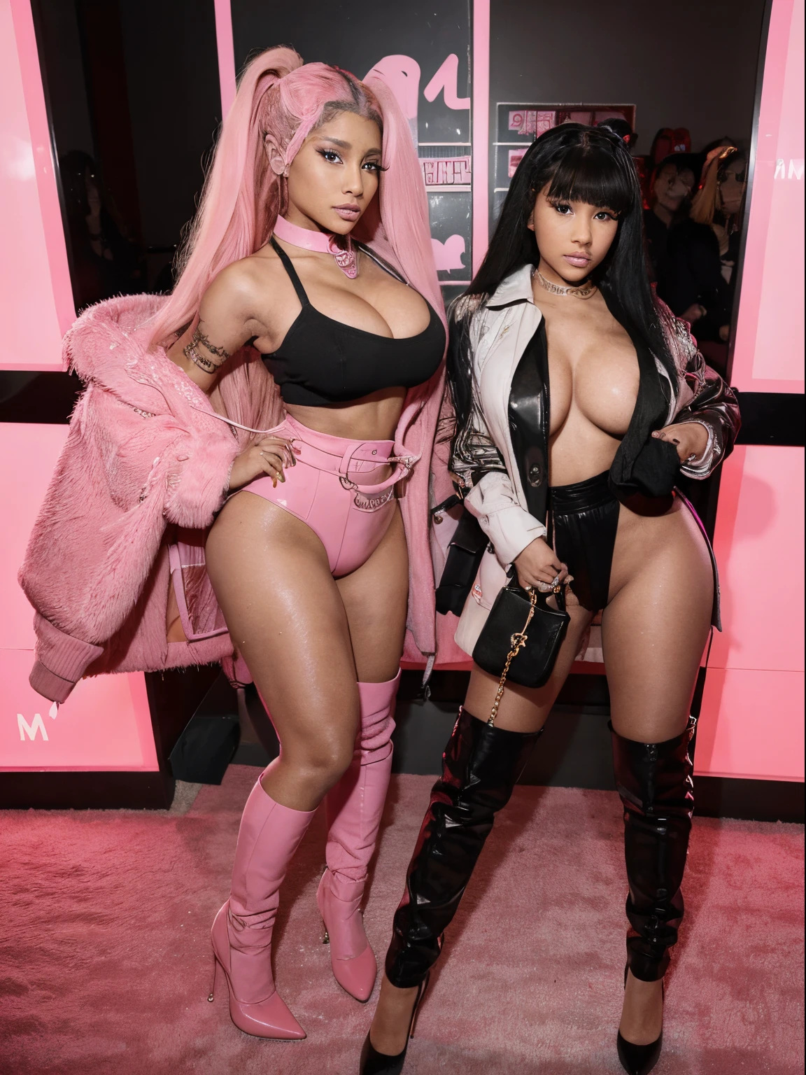 Ariana Grande and nicki minaj, insta bimbo, full body view, wearing collar, holding purse filled with condoms and dildos, cum spilling from purse