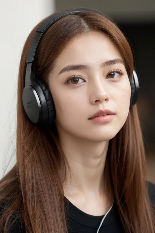 a young woman with headphones on. The woman's face is the main focus of the photo, with her head tilted slightly to one side as she looks directly at the camera, she has ginger hair. Her skin is smooth and clear, with long eyelashes framing her bright eyes. She has full lips that are slightly parted as she holds a lolllipop. She is asian.