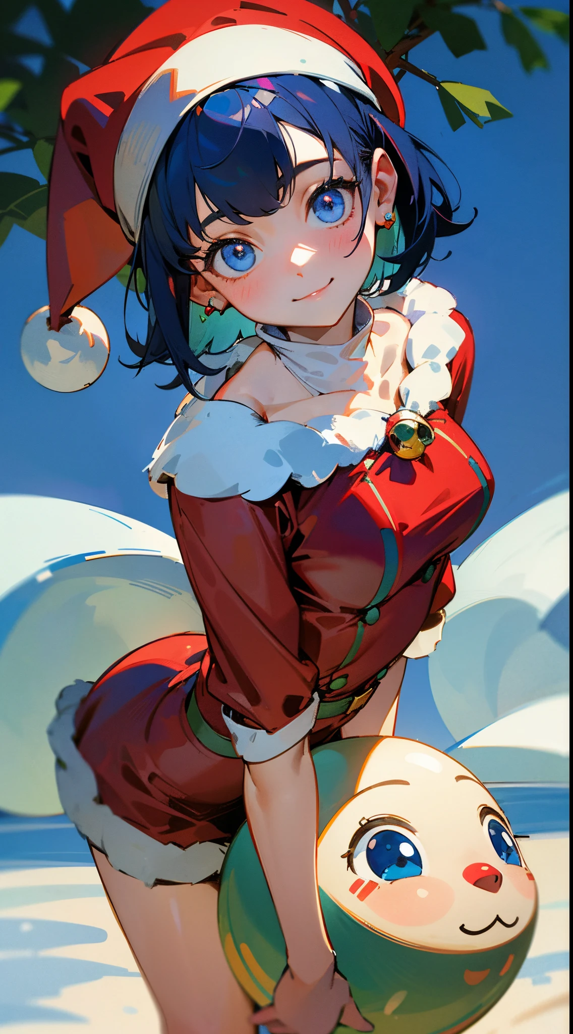 17 year old girl, Santa Claus Costume、Dark blue short hair、white hairband、big round blue eyes、A slight smil、Laugh、small tits、Realistic painting in every detail, christmas eve outdoors、Colors based on red and green