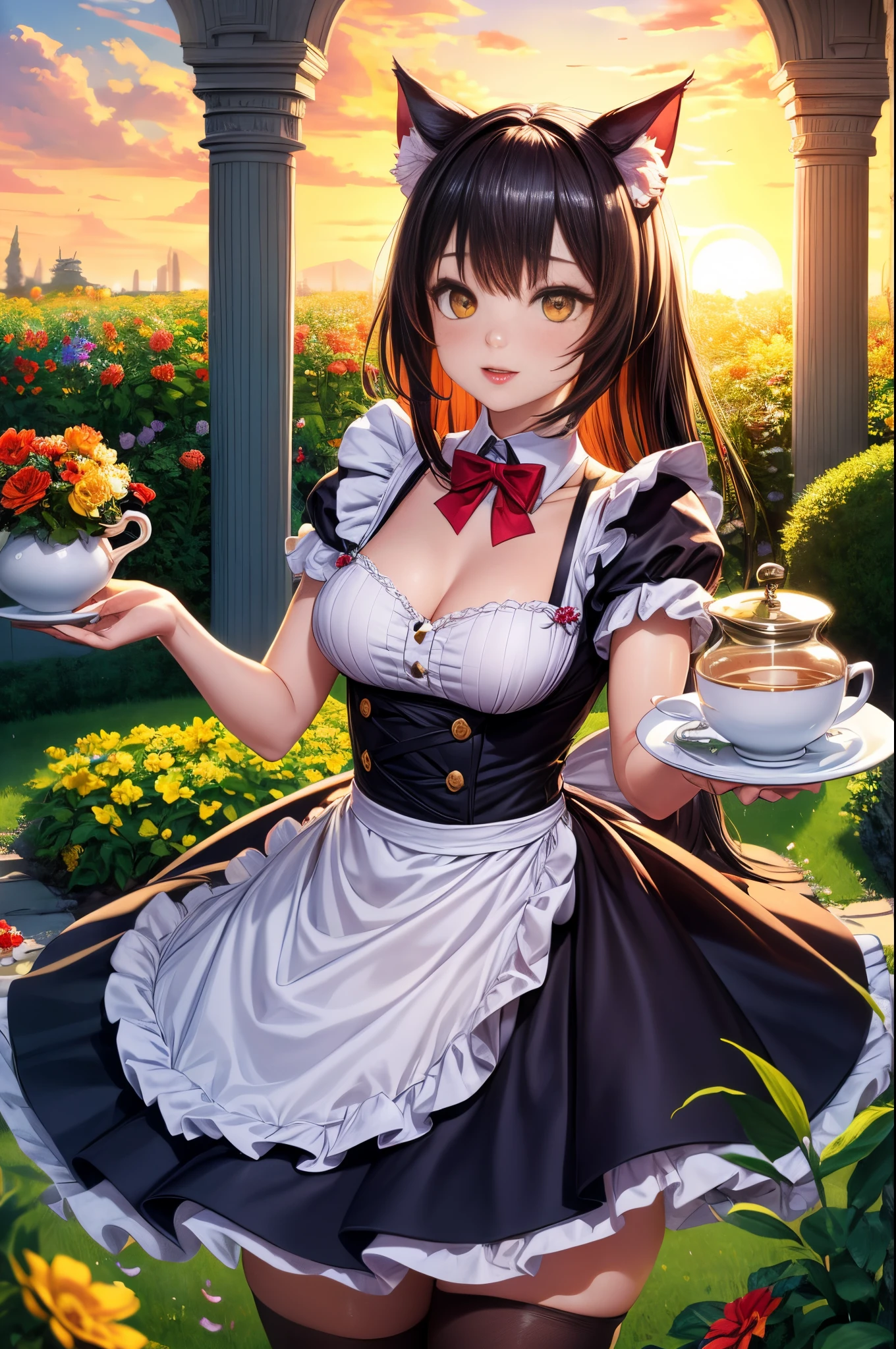 "((Whimsical)) photographic capture, dynamic shot of a delightful ((catgirl)) in a maid costume, pouring tea in a sunlit garden, vibrant flowers, golden hour, rule of thirds, intense colors, (ultra high res), ((adorable))