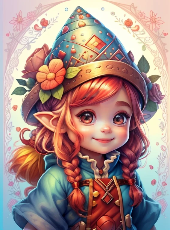 (cute baby girl gnome with braids hair and red hat smiling with flowers) Munchkin ,Geometric multidimensional wall portrait, livro de arte, Tchibi,
Yang08k, Beautiful, Colouring,
Obras, of the highest quality, best quality, Arte Oficial, Beautiful and Aesthetic,