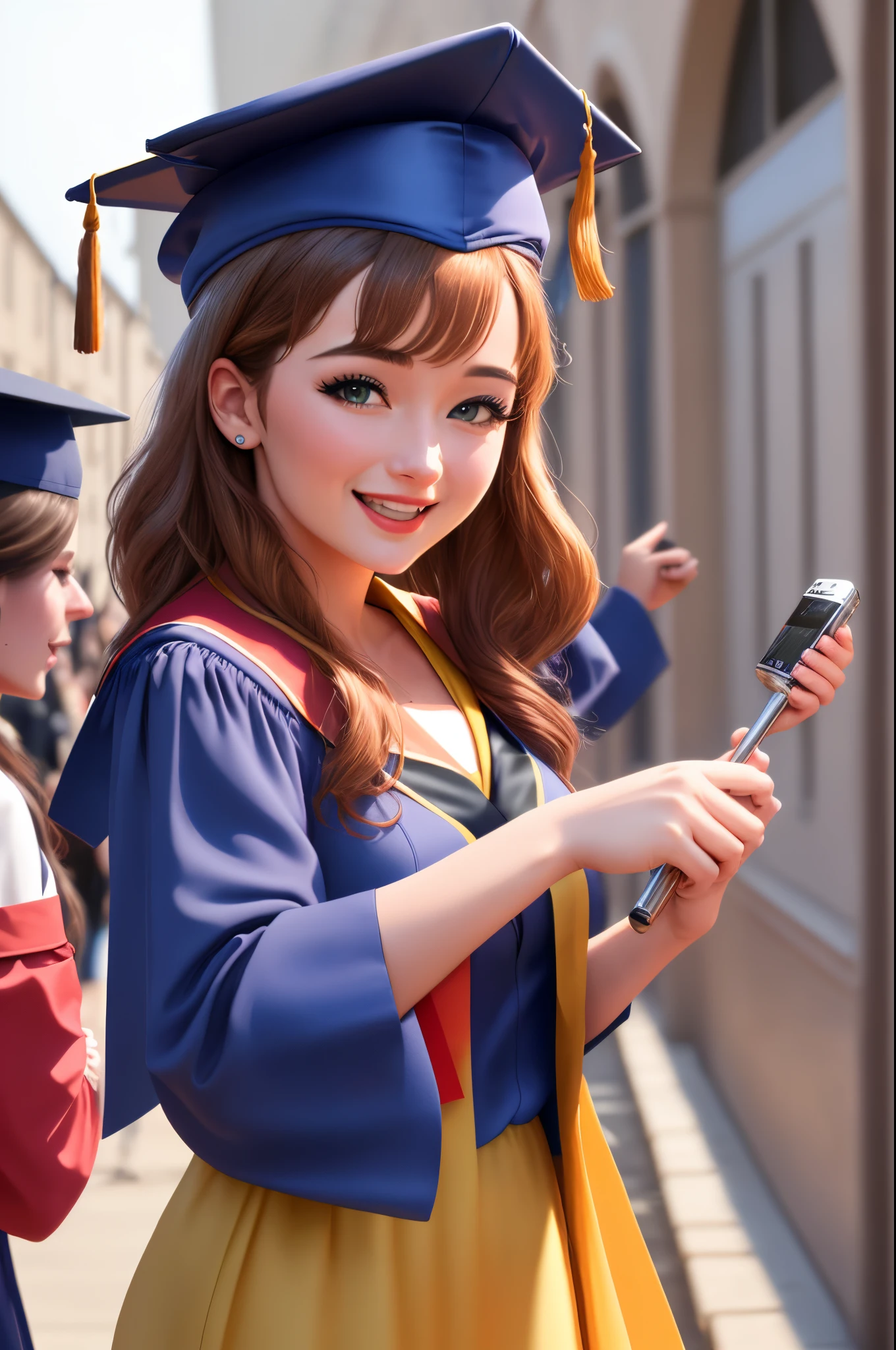 A joyful 25-year-young woman celebrating her graduation day at a English university. She radiates happiness, wearing a graduation gown and cap. Capture the moment as her parents, filled with pride, join the celebration. Use a long shot to showcase the university environment, incorporating the Nikon D850 camera with a Sigma 50mm f/1.4 DG HSM Art Lens. Opt for a high-resolution setting like 4K or 8K to emphasize detail. Ensure a photorealistic rendering with vivid colors and consider using cinematic elements for an extra touch.