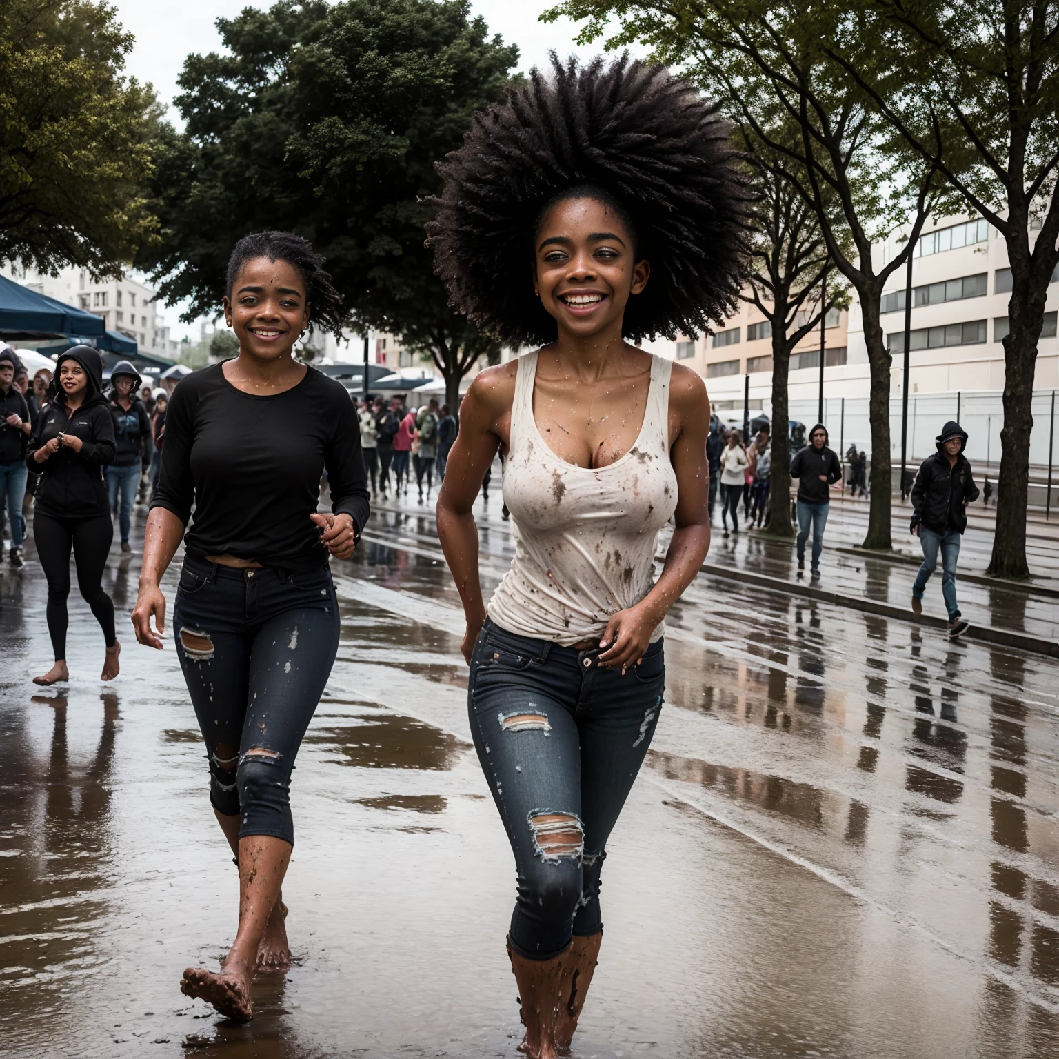 (nudity, explicit, :1.1) ((dark black Negro girl)),  happy smiling, ((sloppy big breasted black girl)), in the rain at a concert, women coming and going, many women, obscene, crowded, poor, torn and dirty tattered dirty clothes, collarbone, no bra, torn micro pants, wet clothes, dirty hair, dirty face, dirty skin, black skin, sweaty skin, (sweat: 1.5), muddy skin, muddy feet, bare feet, big breasts, unkempt hair, tan, full body portrait, physically based rendering, cinematic lighting, complex and cinematic look, night, street lamp light, photorealistic, cowboy shot, Dynamic Angle