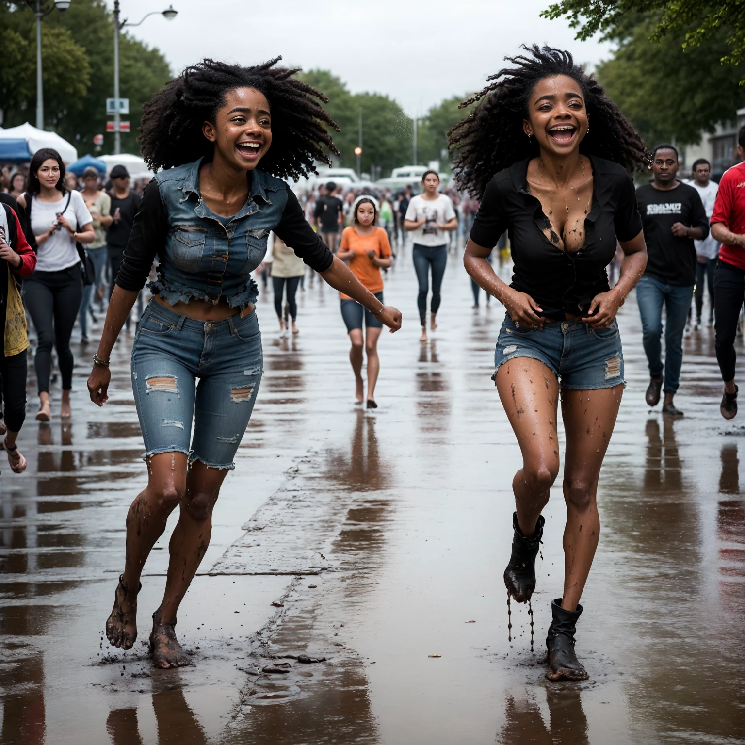 (nudity, explicit, :1.1) ((dark black Negro girl)), happy smiling, ((sloppy big breasted black girl)), in the rain at a concert, women coming and going, many women, obscene, crowded, poor, torn and dirty tattered dirty clothes, collarbone, no bra, torn micro pants, wet clothes, dirty hair, dirty face, dirty skin, black skin, sweaty skin, (sweat: 1.5), muddy skin, muddy feet, bare feet, big breasts, unkempt hair, tan, full body portrait, physically based rendering, cinematic lighting, complex and cinematic look, night, street lamp light, photorealistic, cowboy shot, Dynamic Angle