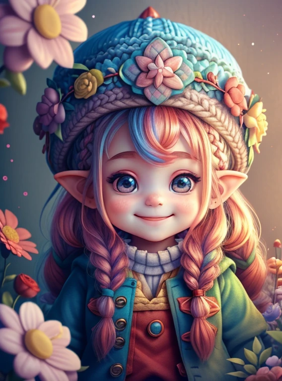 (cute baby girl gnome with braids hair and red hat smiling with flowers) Munchkin ,Geometric multidimensional wall portrait, livro de arte, Tchibi,
Yang08k, Beautiful, Colouring,
Obras, of the highest quality, best quality, Arte Oficial, Beautiful and Aesthetic,