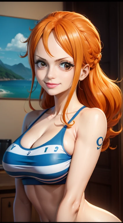 shinny skin、breastsout、high detailing、超A high resolution、(Photorealsitic)  (Twin-tailed hairstyle)、orange color hair、Red mini skirt、Waist wrap、Blue shirt、cute little、 beautidful eyes、Exposing breasts、whips、piercings、a necklace、blue eyess、Angle from above、