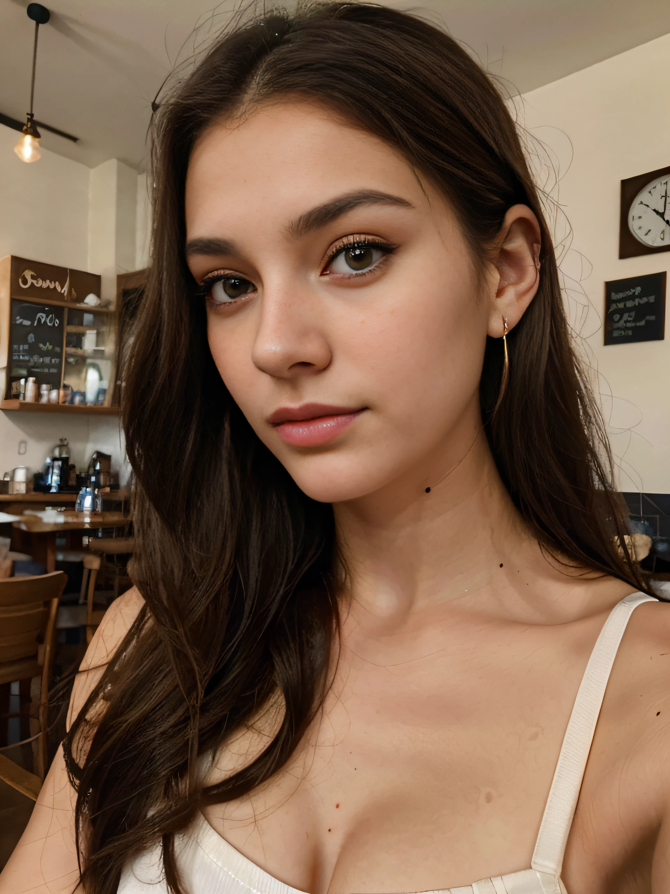 Photo of a 20 year old brunette woman, that has a very natural face, thin lips, thin eyes, thin eyebrows, thin nose, earrings, long eyelashes. She makes a cute selfie in a cafe