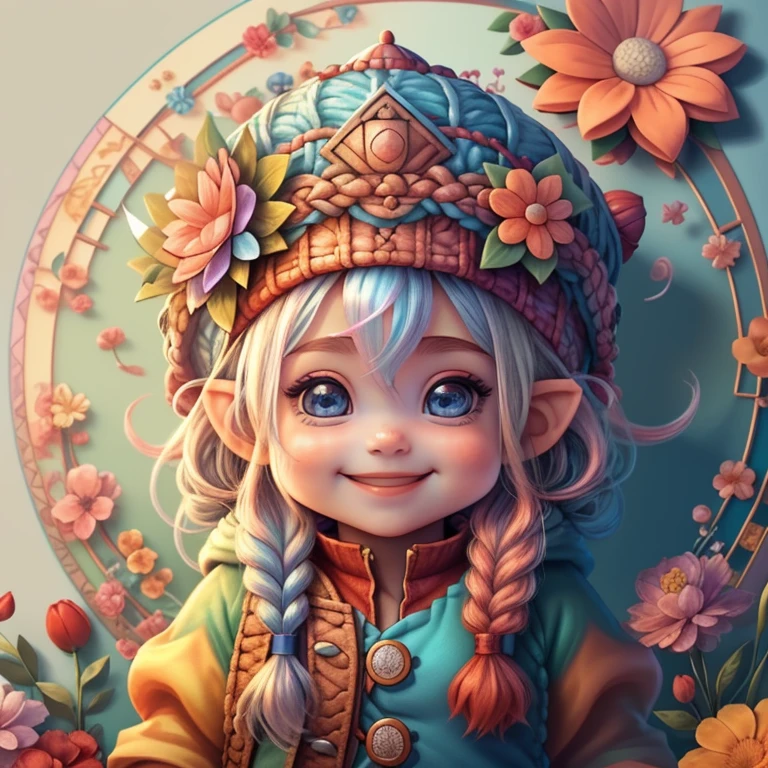 (cute baby girl gnome with braids hair and red hat smiling with flowers) Munchkin ,Geometric multidimensional wall portrait, livro de arte, Tchibi,
Yang08k, Beautiful, Colouring,
Obras, of the highest quality, best quality, Arte Oficial, Beautiful and Aesthetic,