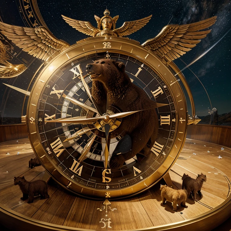1 big grizzly bear running through a compass clock, ontop on the grizzly bear is a warrior goddess with wings, she is holding above her head a big geodome, they are all surrounded by the stars