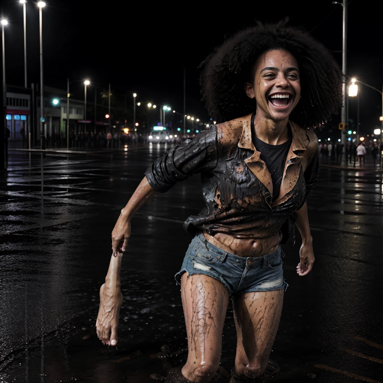 (nudity, explicit, :1.1) ((dark black Negro girl)),  happy smiling, ((sloppy big breasted black girl)), in the rain at a concert, women coming and going, many women, obscene, crowded, poor, torn and dirty tattered dirty clothes, collarbone, no bra, torn micro pants, wet clothes, dirty hair, dirty face, dirty skin, black skin, sweaty skin, (sweat: 1.5), muddy skin, muddy feet, bare feet, big breasts, unkempt hair, tan, full body portrait, physically based rendering, cinematic lighting, complex and cinematic look, night, street lamp light, photorealistic, cowboy shot, Dynamic Angle