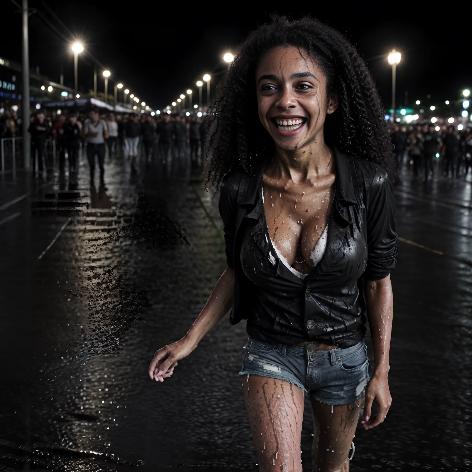 (nudity, explicit, :1.1) ((dark black Negro girl)),  happy smiling, ((sloppy big breasted black girl)), in the rain at a concert, women coming and going, many women, obscene, crowded, poor, torn and dirty tattered dirty clothes, collarbone, no bra, torn micro pants, wet clothes, dirty hair, dirty face, dirty skin, black skin, sweaty skin, (sweat: 1.5), muddy skin, muddy feet, bare feet, big breasts, unkempt hair, tan, full body portrait, physically based rendering, cinematic lighting, complex and cinematic look, night, street lamp light, photorealistic, cowboy shot, Dynamic Angle