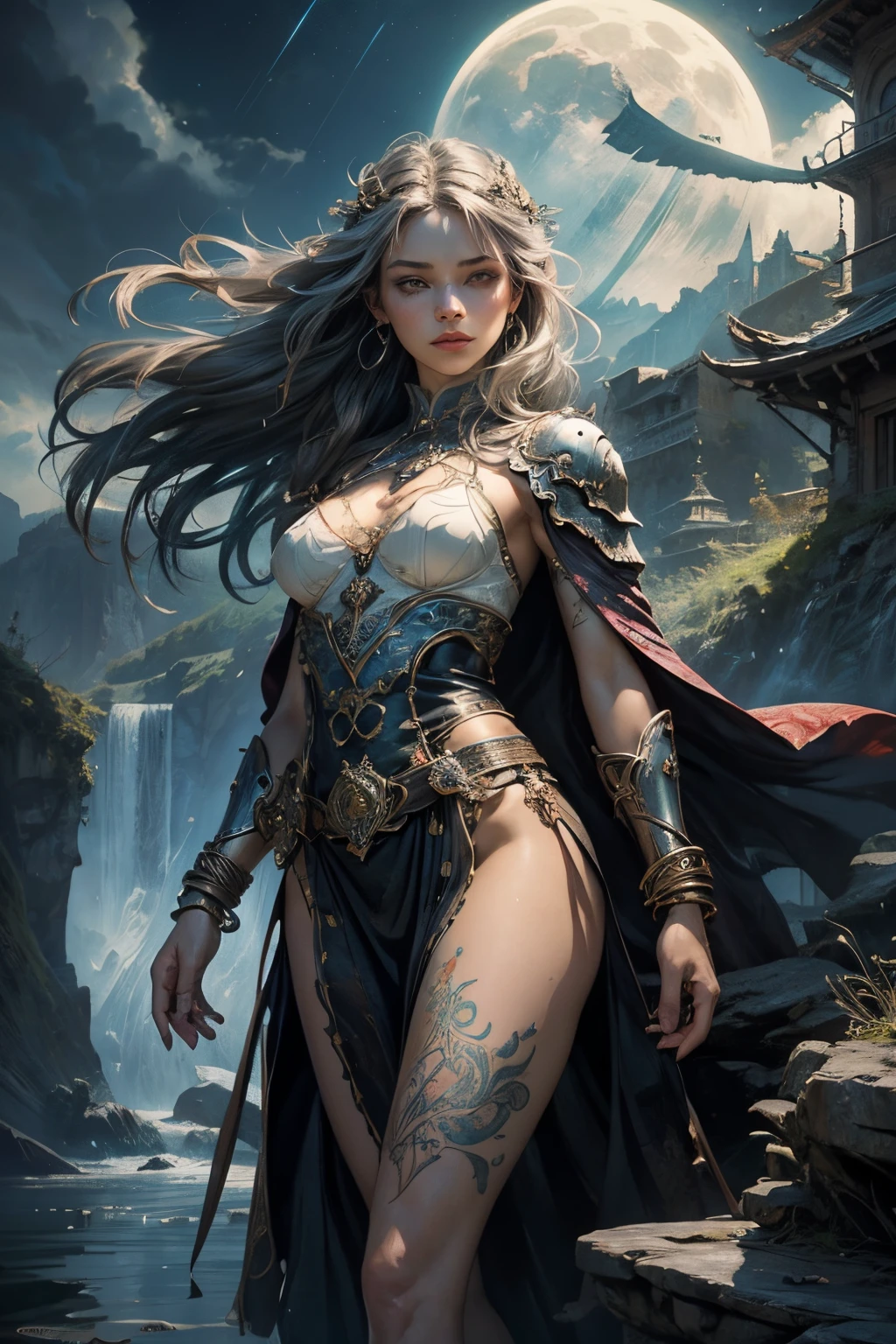 front view, (masterpiece), best quality, expressive eyes, perfect face, warrior woman, sword in left hand, half naked, steel bracelet, silver bracelet, bronze belt, exposed breasts, beautiful vagina, vagina with small soft hairs , woman with very long hair moved by the wind, night light, cloudy sky, dark clouds with lightning, mountain, castle embedded in the mountain rock, waterfall coming out of the castle, beautiful warrior goddess, fantasy, fog, skin wet with sweat, blushing and panting face, provocative look, sexy pose, full female body, oriental mandala tattoos, transparent dresses, skin wet with water, stormy sky, red storm clouds, floating antique clock, beautiful girl with a slight smile, waterfall, lamp, flashlight, no panties, mandala and flower tattoos on naked body, majestic, sense of depth, expressive eyes, perfect face, 8k, (Woman: 1.5), elegant and flexible (athletic build: 1.5), Emerald Eyes (Vibrant: 1.5), Brown Hair (Vibrant: 1.5), UHD, HDR, Cinematic Image, Intricate Details, Ultra Realism, Viridian Tones, Dystopian Palace, Luxurious Atmosphere, Ultra Detailed, Stunning Image, IMAX, Cinematic, Award-winning photography, complex, low aperture (F1.2), dramatic. lighting, cinematographic composition, professional, eroticism, medieval castle embedded in the mountain, night sky, full moon, 1 girl, 18 years old, (legs open), pink lips, well lit, pretty and aesthetic: 1,2), ( 1 girl), extremely detailed, (fractal art: 1.3), colorful, most detailed, beautiful goddess, Caucasian girl with shiny silver hair, full female body, viridian toned colors, metallic colors, enamel colors, long white hair, art style wlop, sakimichan art style, NSFW, run and dodge, fighting pose, beautiful woman warrior in combat, front view, girl seen from the front